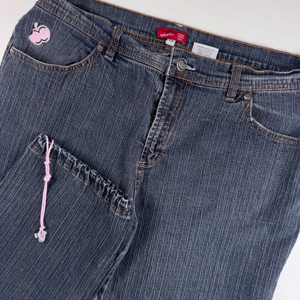 Apple Bottoms Y2K Capri Jeans Women 19 Dark Wash Pink Embroidered Bungee Hem Y2K